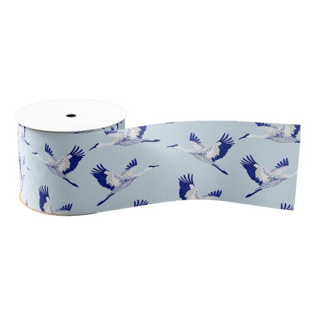 Blue and white cranes grosgrain ribbon (Spool)
