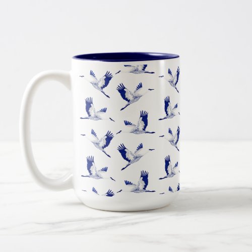 Blue and white cranes Two_Tone coffee mug