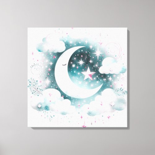 Blue and White Crescent Moon Celestial Boho Modern Canvas Print