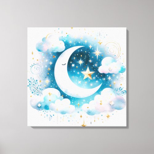 Blue and White Crescent Moon Celestial Boho Modern Canvas Print