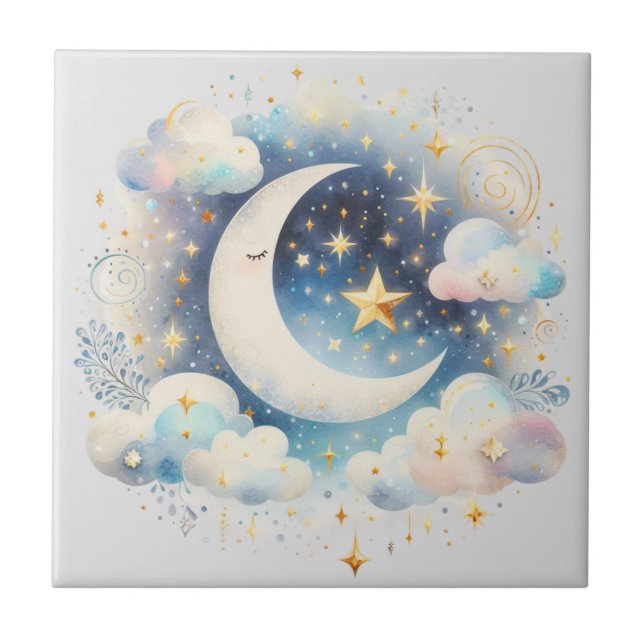 Blue and White Crescent Moon Celestial Boho Modern Ceramic Tile (Front)