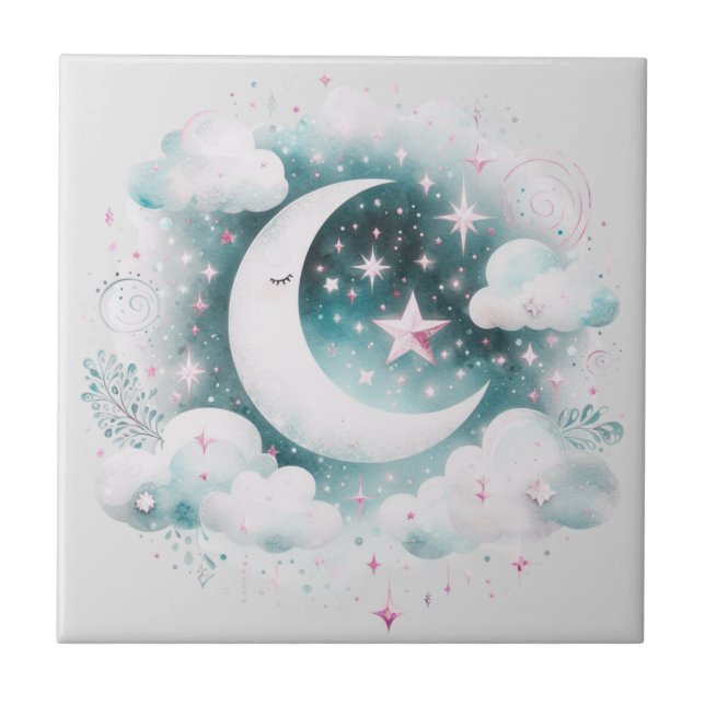 Blue and White Crescent Moon Celestial Boho Modern Ceramic Tile (Front)