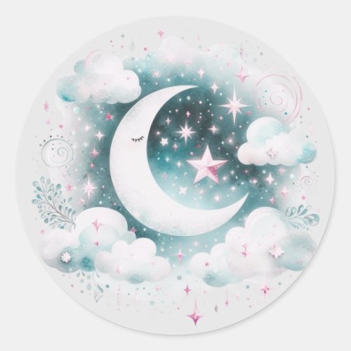 Blue and White Crescent Moon Celestial Boho Modern Classic Round Sticker