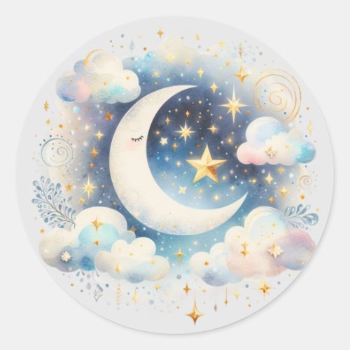 Blue and White Crescent Moon Celestial Boho Modern Classic Round Sticker