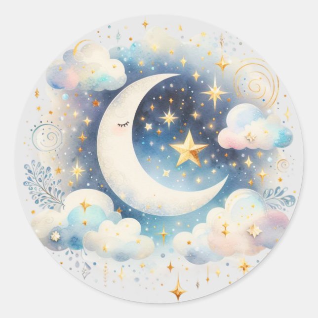 Blue and White Crescent Moon Celestial Boho Modern Classic Round Sticker (Front)