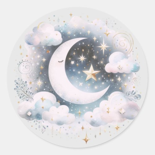 Blue and White Crescent Moon Celestial Boho Modern Classic Round Sticker