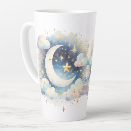 Blue and White Crescent Moon Celestial Boho Modern Latte Mug