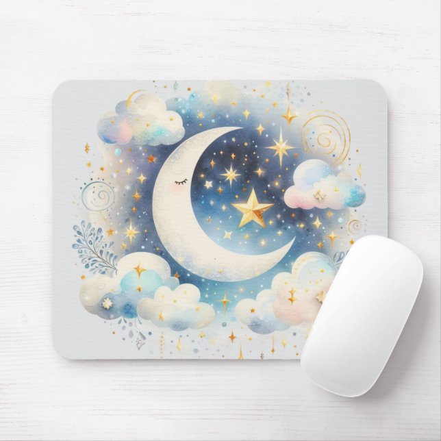 Blue and White Crescent Moon Celestial Boho Modern Mouse Pad (With Mouse)