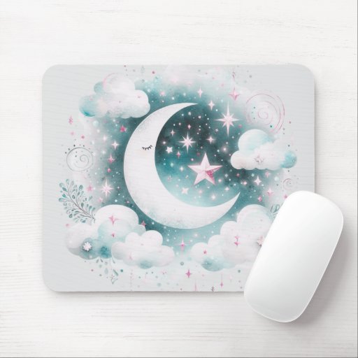 Blue and White Crescent Moon Celestial Boho Modern Mouse Pad