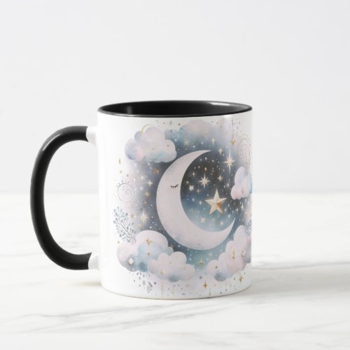 Blue and White Crescent Moon Celestial Boho Modern Mug