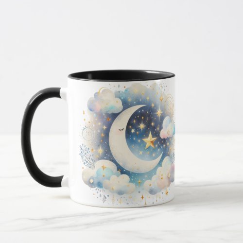 Blue and White Crescent Moon Celestial Boho Modern Mug