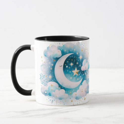 Blue and White Crescent Moon Celestial Boho Modern Mug