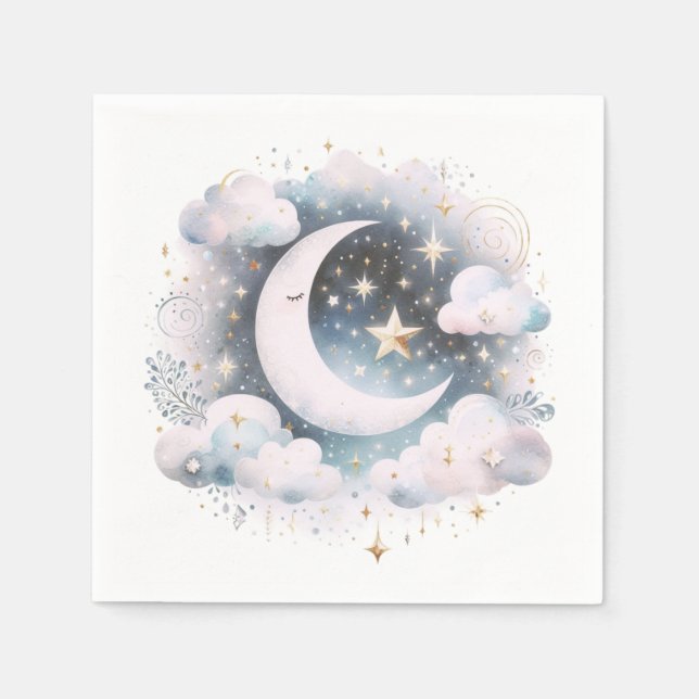 Blue and White Crescent Moon Celestial Boho Modern Napkins (Front)