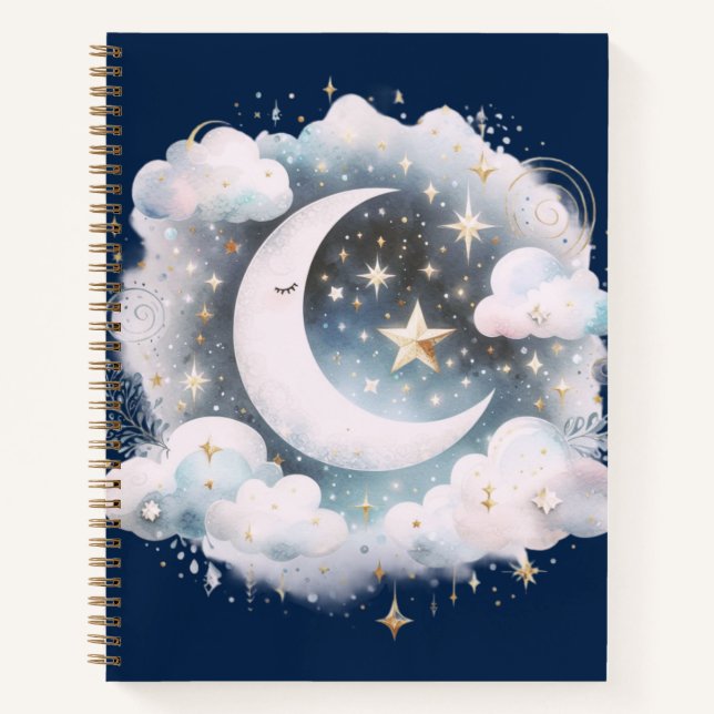 Blue and White Crescent Moon Celestial Boho Modern Notebook (Front)
