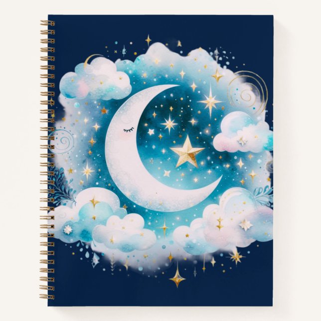 Blue and White Crescent Moon Celestial Boho Modern Notebook (Front)