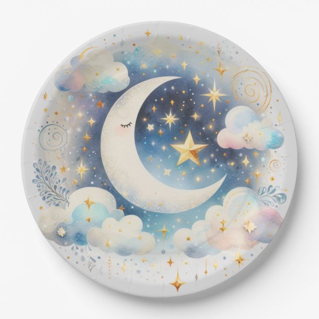 Blue and White Crescent Moon Celestial Boho Modern Paper Plates (Front)