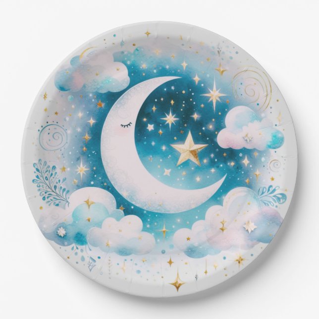 Blue and White Crescent Moon Celestial Boho Modern Paper Plates (Front)