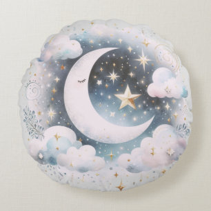 Blue and White Crescent Moon Celestial Boho Modern Round Pillow