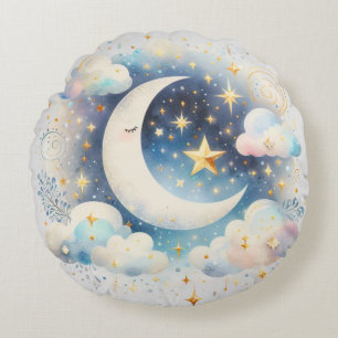 Blue and White Crescent Moon Celestial Boho Modern Round Pillow