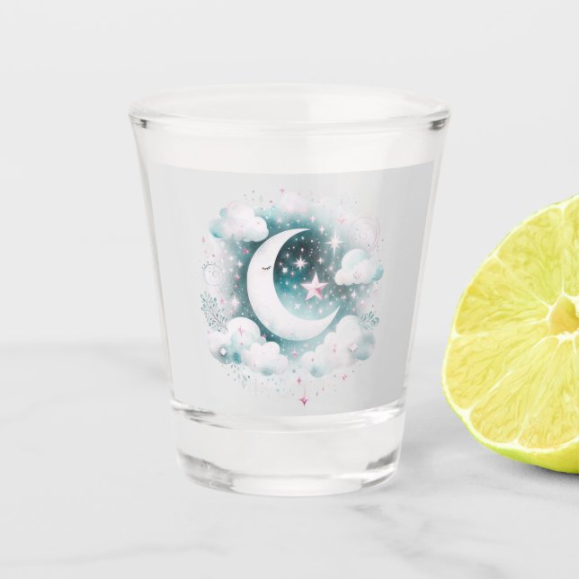 Blue and White Crescent Moon Celestial Boho Modern Shot Glass (Front)