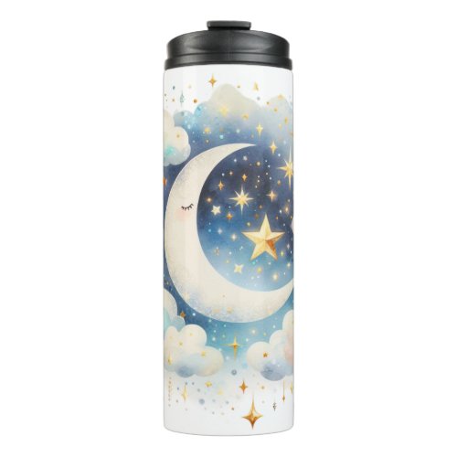 Blue and White Crescent Moon Celestial Boho Modern Thermal Tumbler