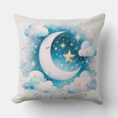 Blue and White Crescent Moon Celestial Boho Modern Throw Pillow
