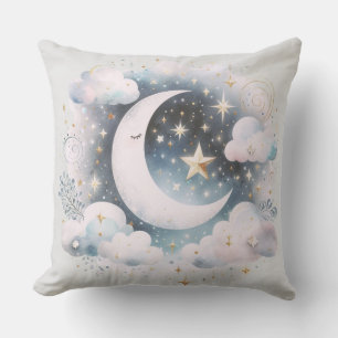 Blue and White Crescent Moon Celestial Boho Modern Throw Pillow