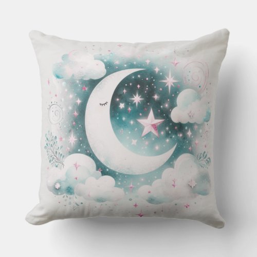 Blue and White Crescent Moon Celestial Boho Modern Throw Pillow