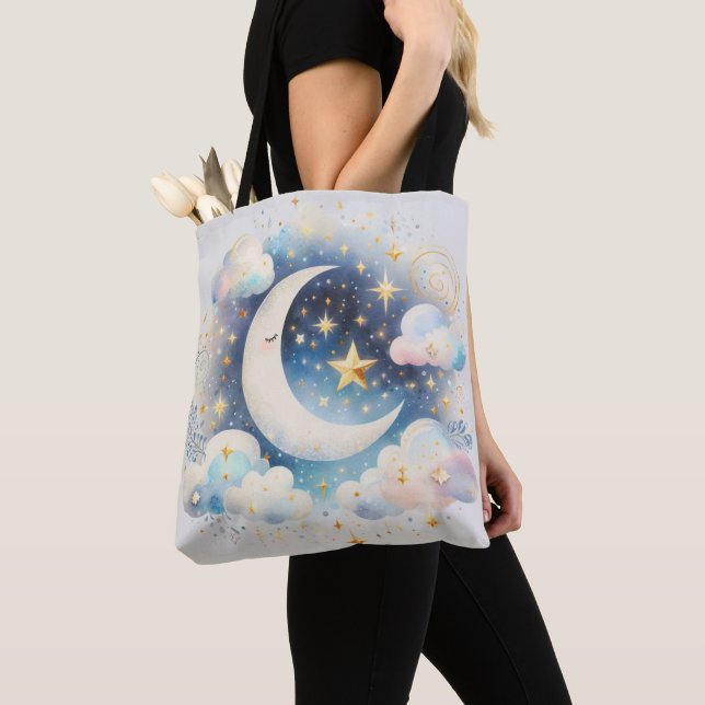 Blue and White Crescent Moon Celestial Boho Modern Tote Bag (Close Up)