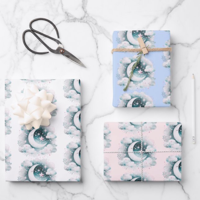 Blue and White Crescent Moon Celestial Boho Modern Wrapping Paper Sheets (Front)