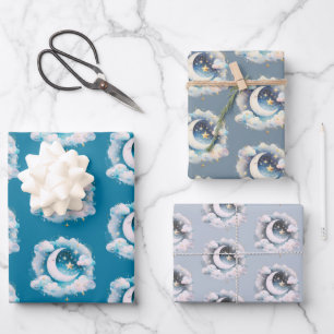 Blue and White Crescent Moon Celestial Boho Modern Wrapping Paper Sheets
