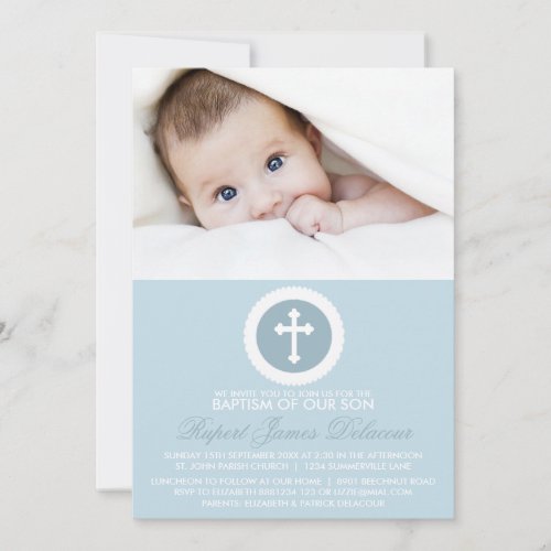 Blue and White Cross Baptism Photo Invitation