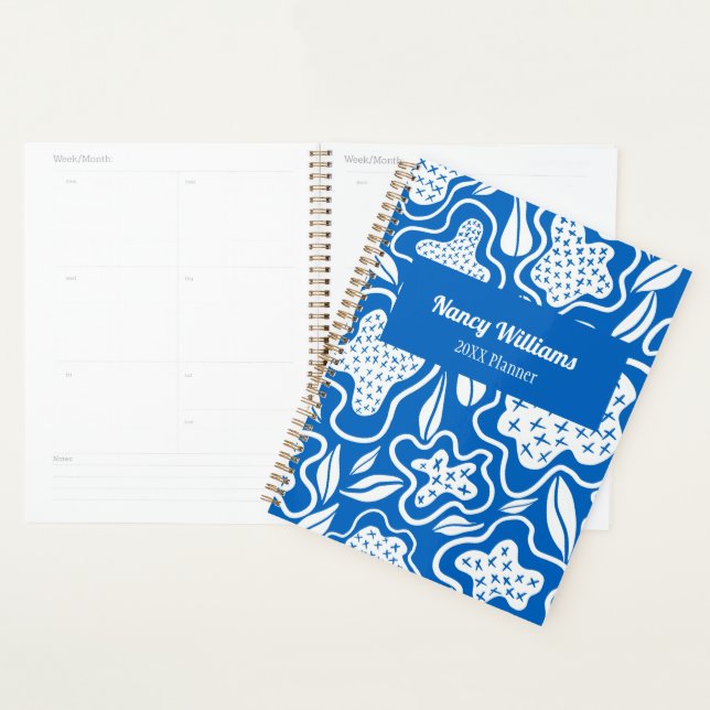 Blue and White Cross Stitch Personalized Planner (Display)