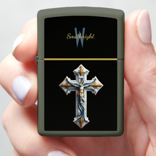 Blue and White Cross With Gold Accents Zippo Lighter