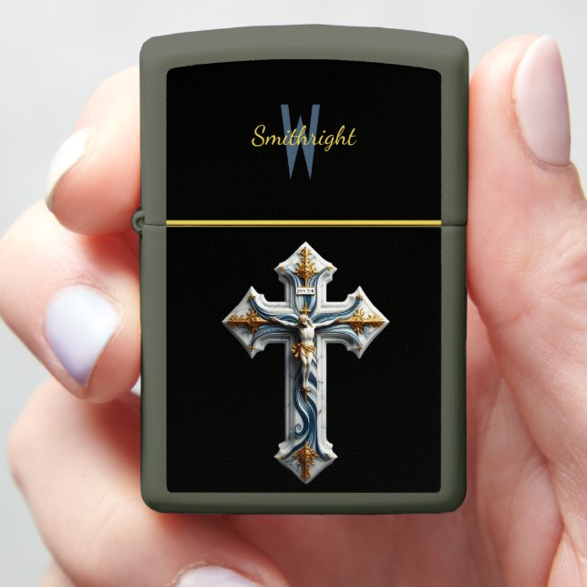 Blue and White Cross With Gold Accents Zippo Lighter (In Hand)