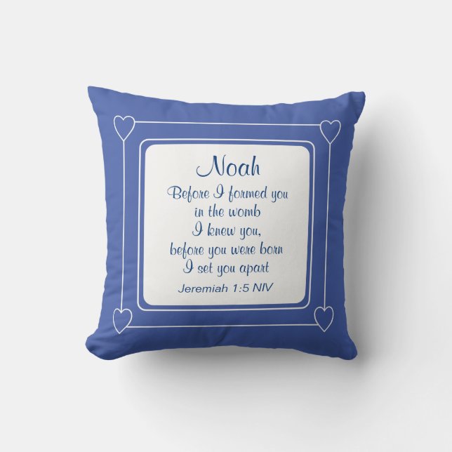 Blue and White Custom Name Bible Verse Striped Throw Pillow (Front)
