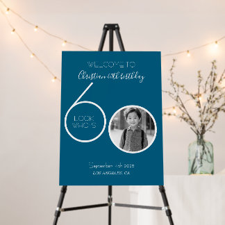 Blue and White Custom Photo 60th Birthday Welcome Foam Board