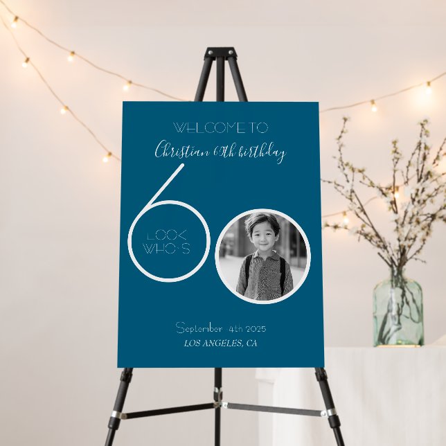 Blue and White Custom Photo 60th Birthday Welcome Foam Board (In Situ (Stand))
