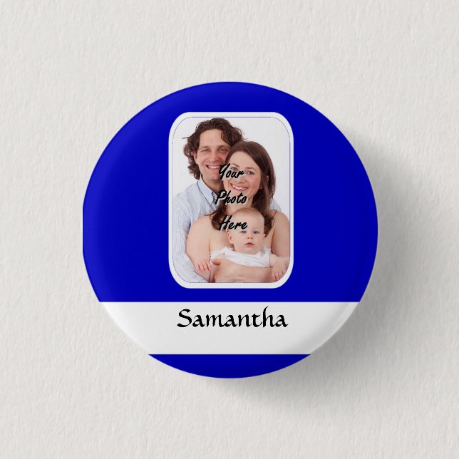 Blue and white custom photo pinback button (Front)