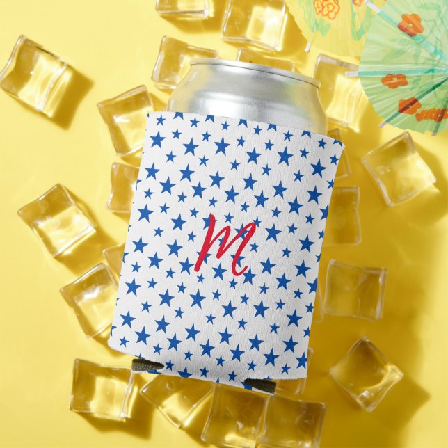 Blue And White Customizable Star Pattern Can Cooler (In Situ Summer)