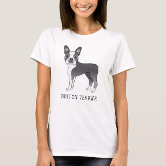 Blue And White Cute Boston Terrier Dog With Text T-Shirt