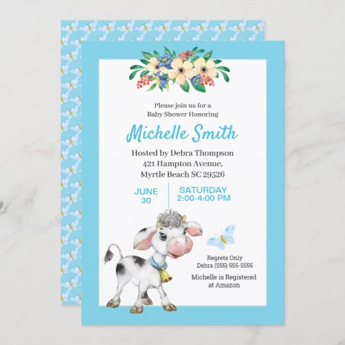 Blue and White Cute Cow Floral Baby Shower   Invit Invitation