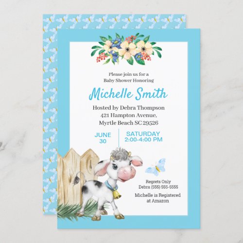 Blue and White Cute Cow Floral Baby Shower   Invitation