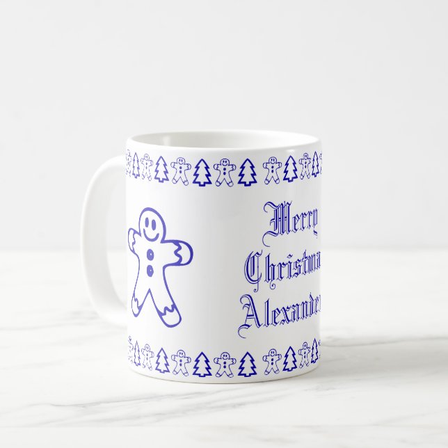 Blue and White Cute Gingerbread Man Christmas Tree Coffee Mug (Front Left)
