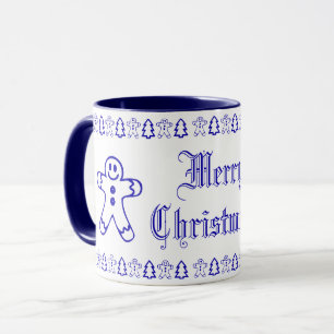 Blue and White Cute Gingerbread Man Christmas Tree Mug