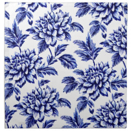 Blue and White Dahlia Flowers Toile de Jouy Cloth Napkin