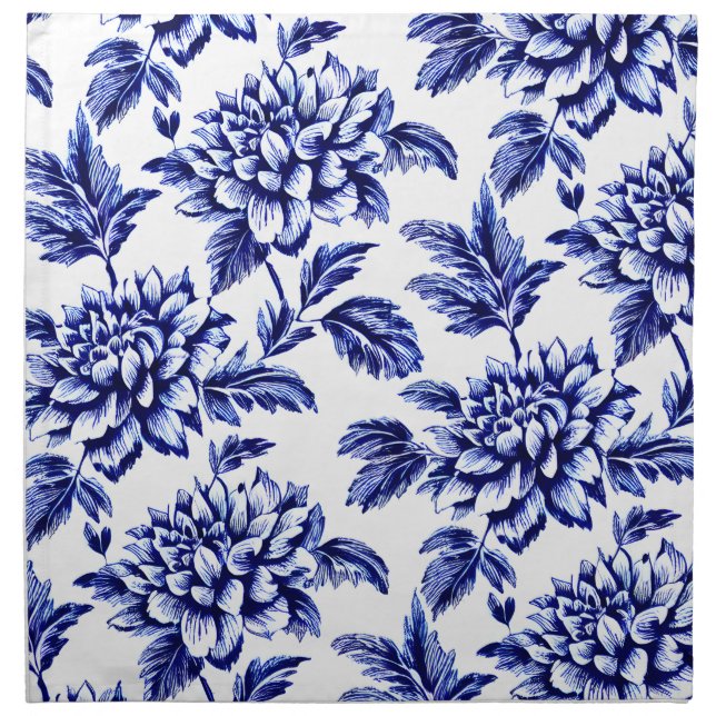 Blue and White Dahlia Flowers Toile de Jouy Cloth Napkin (Front)