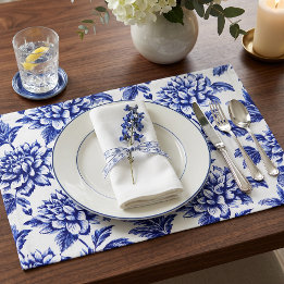 Blue and White Dahlia Flowers Toile de Jouy Cloth Placemat