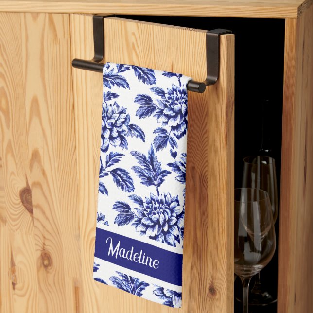 Blue and White Dahlia Flowers Toile de Jouy Kitchen Towel (Thirds Fold)