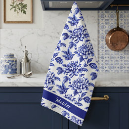 Blue and White Dahlia Flowers Toile de Jouy Kitchen Towel